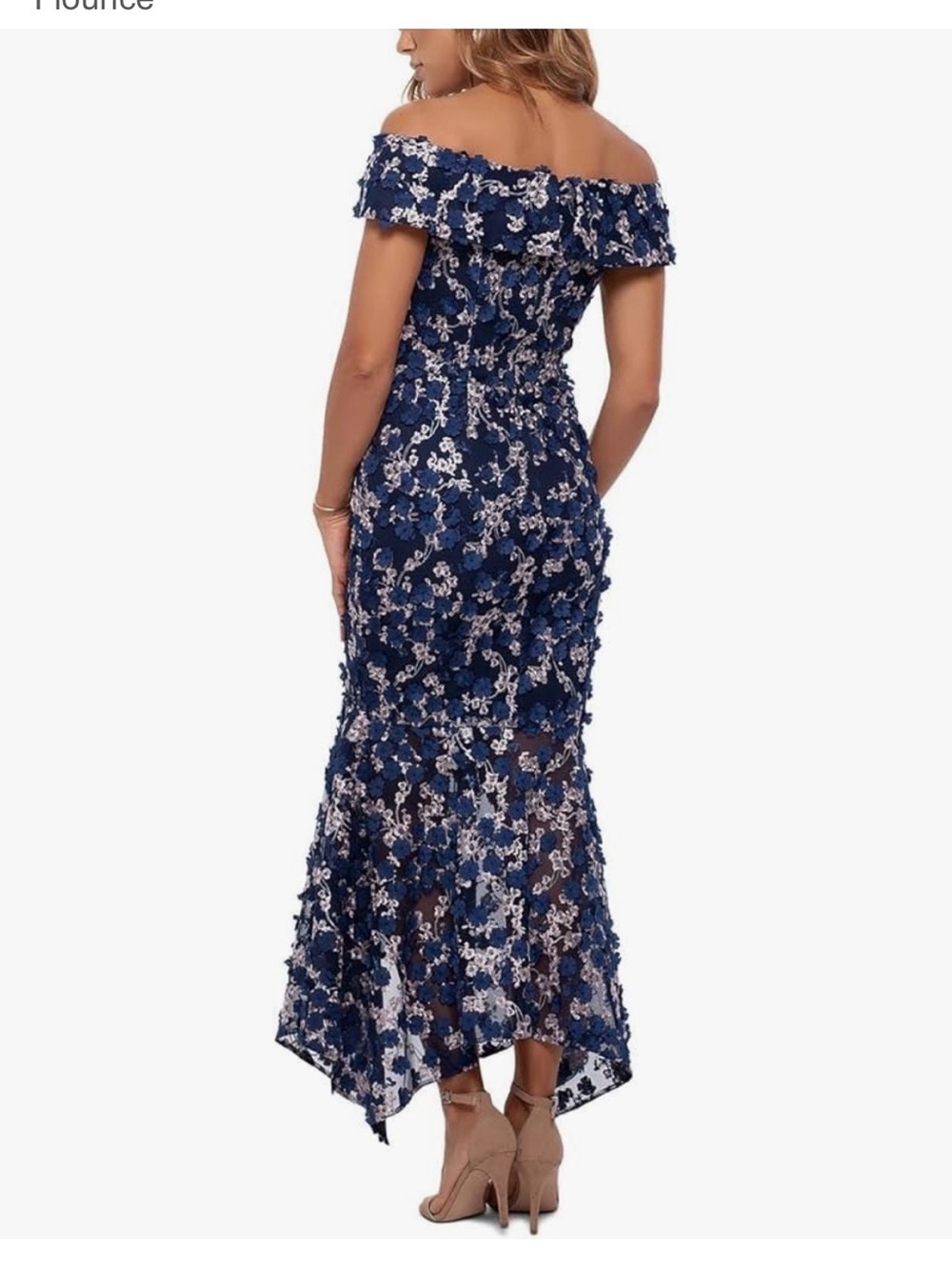 Xscape Women's Midi Raised Flower Off-The-Shoulder flounce gown dress Sz 10 - Picture 2 of 3